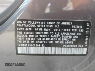 2012 Volkswagen Passat SE z VIN 1VWBH7A31CC108162, wystawiony jako Copart lot #49001885 z przebiegiem 104 309 mil mil oraz Szkoda całkowita • Salvage title. Historia ofert i sprzedaży dostępna na DreamBid. Obrazek 12.