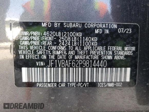 2023 Subaru WRX Premium with VIN JF1VBAF62P9814440, listed as a Copart auction lot 45553975 with 24,707 mi miles and Salvage Title. Bid and sale history available at carsss.com. Image 14.