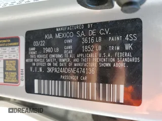 2022 Kia Rio S with VIN 3KPA24AD6NE474136, listed as a Copart auction lot 70765494 with 30,568 mi miles and Salvage Title. Bid and sale history available at DreamBid. Image 13.