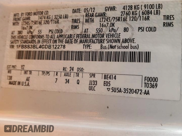 2012 Ford Econoline Passenger XL with VIN 1FBSS3BL4CDB12278, listed as a Copart auction lot 54021105 with 118,488 mi miles and Clean Title. Bid and sale history available at DreamBid. Image 13.