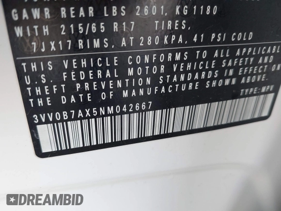 2022 Volkswagen Tiguan S with VIN 3VV0B7AX5NM042667, listed as a IAAI auction lot 41523101 with 41,724 mi miles and . Bid and sale history available at DreamBid. Image 9.