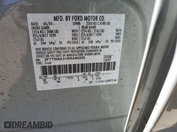 2024 Ford Maverick XL z VIN 3FTTW8A31RRA96253, wystawiony jako Copart lot #50026205 z przebiegiem 17 507 mil mil oraz Szkoda całkowita • Salvage title. Historia ofert i sprzedaży dostępna na DreamBid. Obrazek 12.