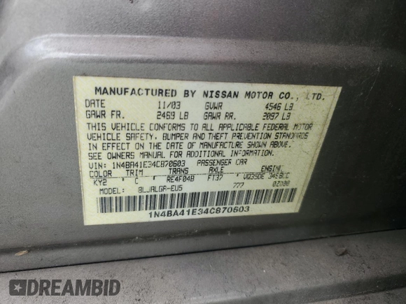 2004 Nissan Maxima SE with VIN 1N4BA41E34C870603, listed as a Copart auction lot 76314524 with 174,147 mi miles and Salvage Title. Bid and sale history available at carsss.com. Image 12.