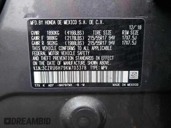 2019 Honda HR-V EX-L with VIN 3CZRU6H79KM703378, listed as a Copart auction lot 77941844 with 92,839 mi miles and Salvage Title. Bid and sale history available at carsss.com. Image 13.