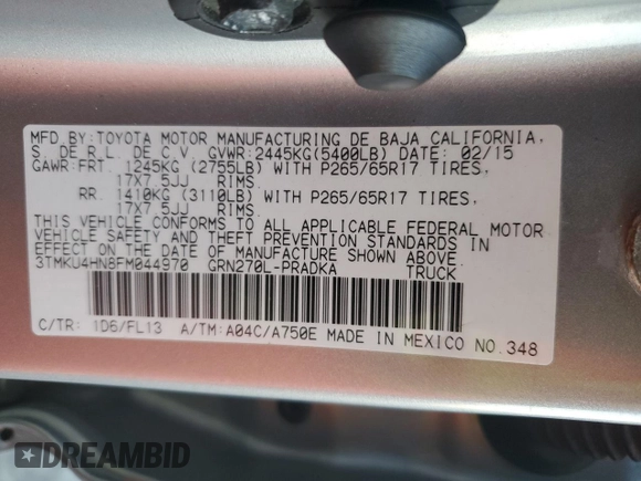 2015 Toyota Tacoma PreRunner with VIN 3TMKU4HN8FM044970, listed as a Copart auction lot 81277284 with 106,660 mi miles and Salvage title. Bid and sale history available at DreamBid. Image 13.