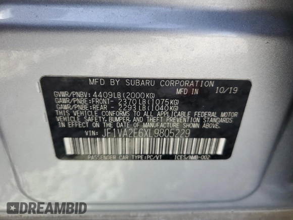 2020 Subaru WRX STI with VIN JF1VA2E6XL9805229, listed as a Copart auction lot 54197225 with Not provided miles and Salvage title. Bid and sale history available at DreamBid. Image 12.