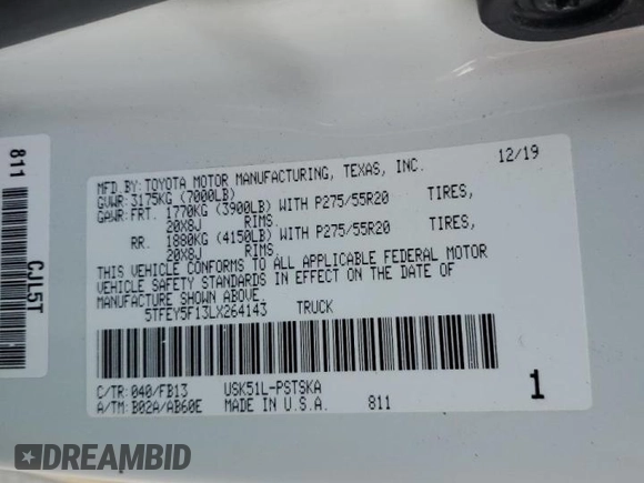 2020 Toyota Tundra 2WD SR5 with VIN 5TFEY5F13LX264143, listed as a Copart auction lot 44060595 with 67,796 mi miles and Salvage Title. Bid and sale history available at carsss.com. Image 14.