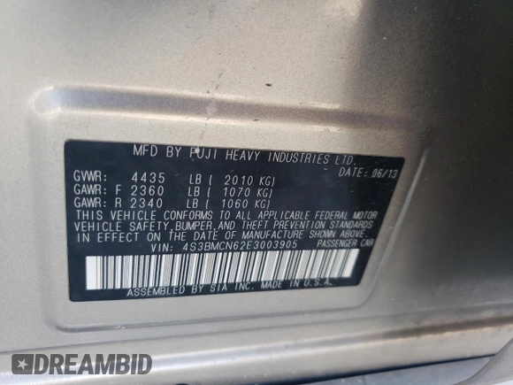 2014 Subaru Legacy with VIN 4S3BMCN62E3003905, listed as a Copart auction lot 63877385 with 93,533 mi miles and Salvage title. Bid and sale history available at DreamBid. Image 12.