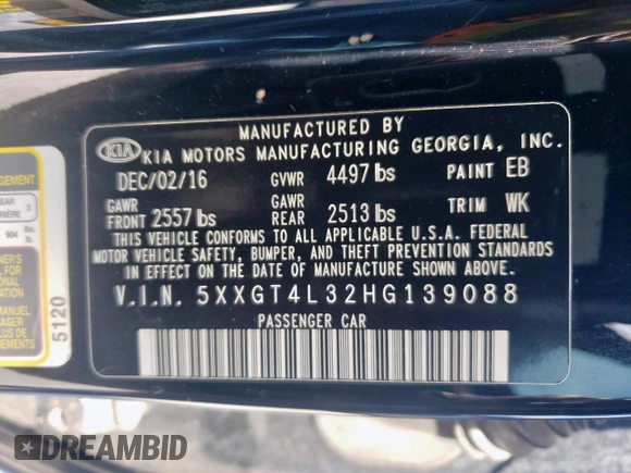 2017 Kia Optima LX with VIN 5XXGT4L32HG139088, listed as a Copart auction lot 57840865 with 115,449 mi miles and Salvage title. Bid and sale history available at DreamBid. Image 12.