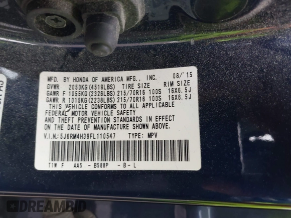 2015 Honda CR-V LX with VIN 5J6RM4H39FL110547, listed as a IAAI auction lot 42189607 with 244,933 mi miles and . Bid and sale history available at DreamBid. Image 9.