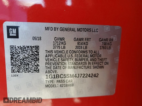2018 Chevrolet Cruze LS with VIN 1G1BC5SM4J7224242, listed as a Copart auction lot 41511795 with 63,646 mi miles and Salvage Title. Bid and sale history available at DreamBid. Image 12.