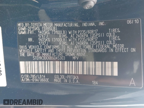2011 Toyota Sienna XLE AAS with VIN 5TDYK3DC6BS045303, listed as a IAAI auction lot 42515203 with 205,904 mi miles and . Bid and sale history available at DreamBid. Image 9.