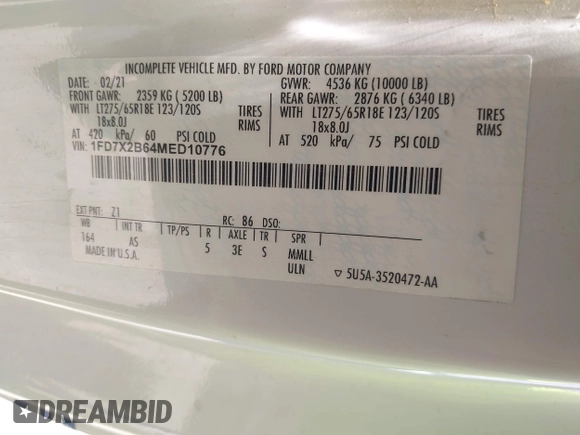 2021 Ford F-250 XL with VIN 1FD7X2B64MED10776, listed as a IAAI auction lot 42320422 with 70,139 mi miles and . Bid and sale history available at DreamBid. Image 9.