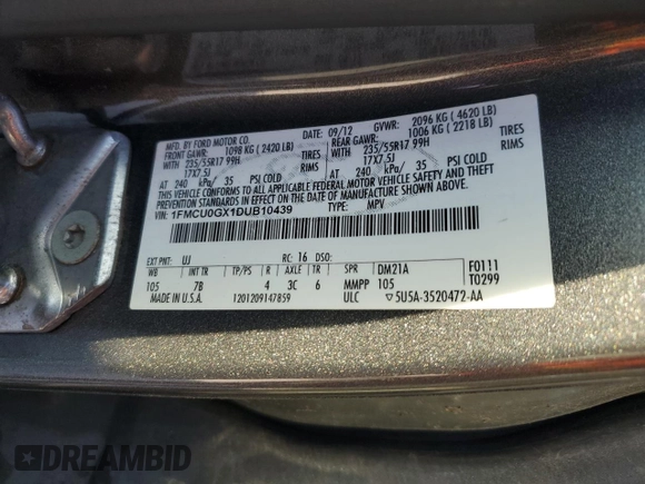 2013 Ford Escape SE with VIN 1FMCU0GX1DUB10439, listed as a Copart auction lot 49320845 with 145,614 mi miles and Clean title. Bid and sale history available at DreamBid. Image 13.
