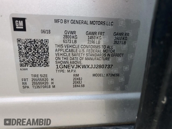 2018 Chevrolet Traverse Premier z VIN 1GNEVJKWXJJ280737, wystawiony jako Copart lot #55680005 z przebiegiem 83 098 mil mil oraz Szkoda całkowita • Salvage title. Historia ofert i sprzedaży dostępna na DreamBid. Obrazek 13.