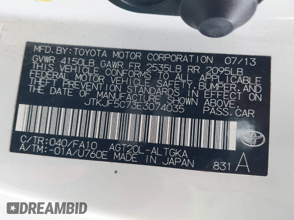 2014 Scion tC with VIN JTKJF5C73E3074035, listed as a IAAI auction lot 41426238 with 116,469 mi miles. Bid and sale history available at carsss.com. Image 9.