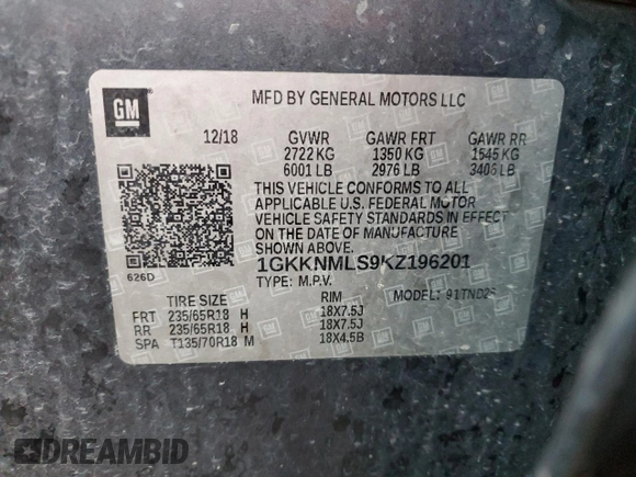 2019 GMC Acadia SLT with VIN 1GKKNMLS9KZ196201, listed as a Copart auction lot 46582725 with 53,250 mi miles and Salvage Title. Bid and sale history available at carsss.com. Image 13.