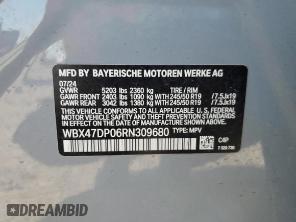 2024 BMW X3 sDrive30i with VIN WBX47DP06RN309680, listed as a Copart auction lot 49176845 with 5,846 mi miles and Salvage Title. Bid and sale history available at DreamBid. Image 14.