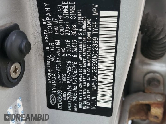 2009 Hyundai Tucson GLS with VIN KM8JM12B79U012399, listed as a Copart auction lot 77663414 with 164,615 mi miles and Salvage Title. Bid and sale history available at carsss.com. Image 13.