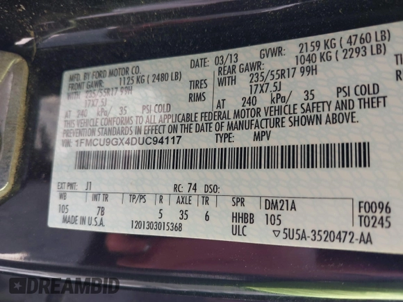 2013 Ford Escape SE z VIN 1FMCU9GX4DUC94117, wystawiony jako IAAI lot #42394333 z przebiegiem 261 392 mil mil oraz . Historia ofert i sprzedaży dostępna na DreamBid. Obrazek 9.