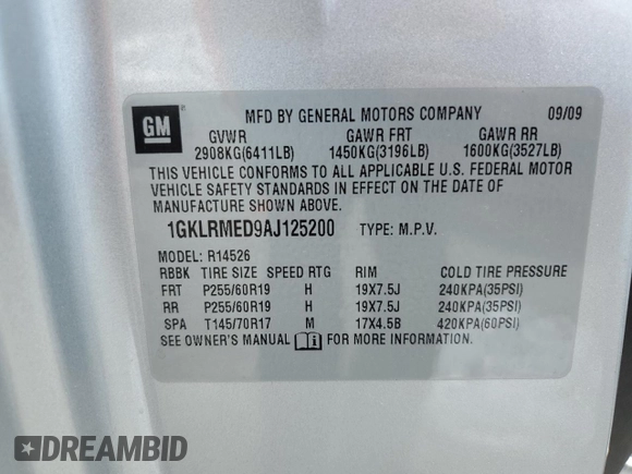 2010 GMC Acadia SLT1 with VIN 1GKLRMED9AJ125200, listed as a Copart auction lot 58071725 with 216,380 mi miles and Salvage title. Bid and sale history available at DreamBid. Image 13.