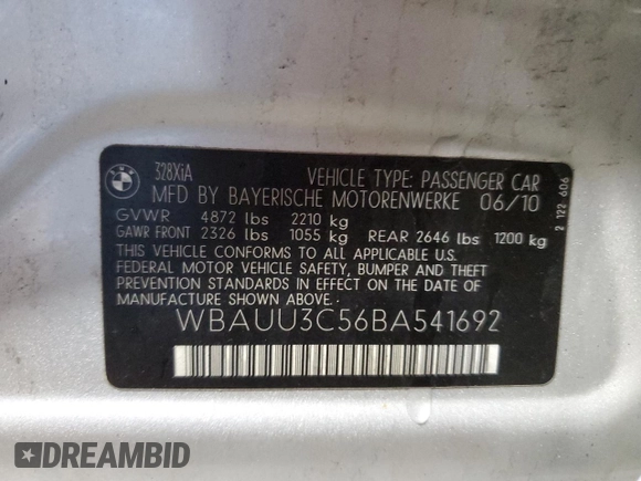 2011 BMW 3 Series 328i xDrive with VIN WBAUU3C56BA541692, listed as a Copart auction lot 44455995 with Not Provided miles and Salvage Title. Bid and sale history available at DreamBid. Image 12.
