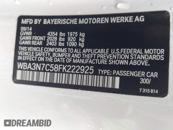2015 BMW 4 Series 428i with VIN WBA3N7C58FK222925, listed as a IAAI auction lot 41776858 with 106,946 mi miles and . Bid and sale history available at carsss.com. Image 9.