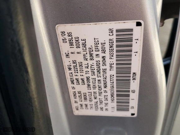 2006 Honda Accord Sdn LX SE with VIN 1HGCM56316A147772, listed as a Copart auction lot 48284215 with 267,759 mi miles and Salvage Title. Bid and sale history available at carsss.com. Image 15.