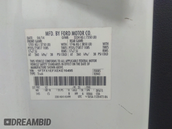 2014 Ford F-150 XL with VIN 1FTFX1EFXEKE16495, listed as a IAAI auction lot 41077199 with 206,212 mi miles. Bid and sale history available at carsss.com. Image 9.