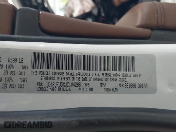 2018 Jeep Grand Cherokee Summit с VIN 1C4RJFJGXJC104286, выставлен на аукционе IAAI как лот 41905269 с пробегом 132 183 миль миль и . История ставок и продаж доступна на DreamBid. Изображение 9.