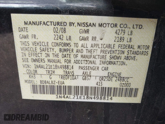 2008 Nissan Altima 2.5 SL with VIN 1N4AL21E18N498814, listed as a IAAI auction lot 41878890 with 154,532 mi miles. Bid and sale history available at carsss.com. Image 9.