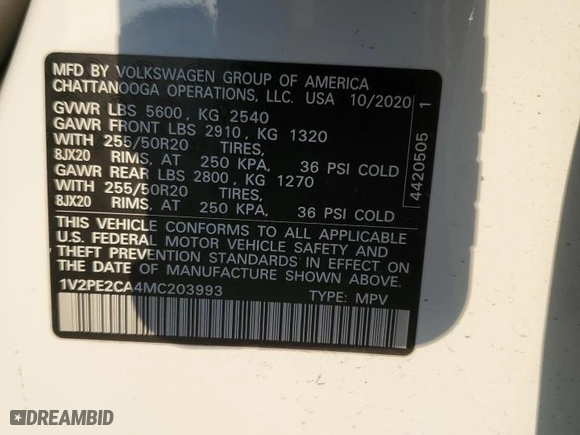 2021 Volkswagen Atlas Cross Sport 3.6L V6 SE w/Technology R-Line with VIN 1V2PE2CA4MC203993, listed as a Copart auction lot 78190424 with 57,399 mi miles and Non Repairable. Bid and sale history available at carsss.com. Image 13.