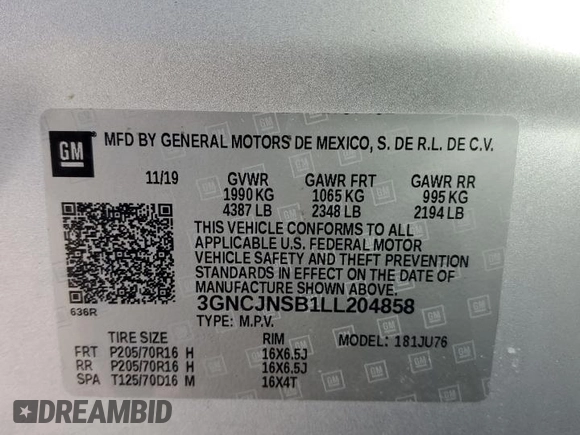 2020 Chevrolet Trax LS with VIN 3GNCJNSB1LL204858, listed as a Copart auction lot 44381885 with 33,377 mi miles and Salvage Title. Bid and sale history available at carsss.com. Image 13.