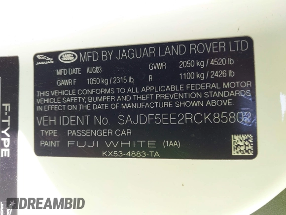 2024 Jaguar F-Type with VIN SAJDF5EE2RCK85802, listed as a IAAI auction lot 41074659 with 3,924 mi miles and . Bid and sale history available at DreamBid. Image 9.
