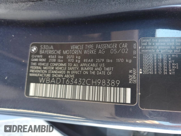 2002 BMW 5 Series 530iA with VIN WBADT63432CH98389, listed as a Copart auction lot 69976254 with 78,745 mi miles and Clean Title. Bid and sale history available at carsss.com. Image 12.