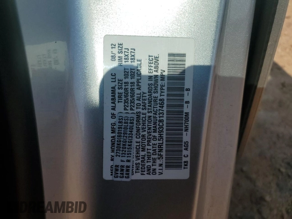 2012 Honda Odyssey Touring с VIN 5FNRL5H93CB137468, выставлен на аукционе Copart как лот 59330545 с пробегом 105 880 миль миль и Списание • Salvage title. История ставок и продаж доступна на DreamBid. Изображение 13.