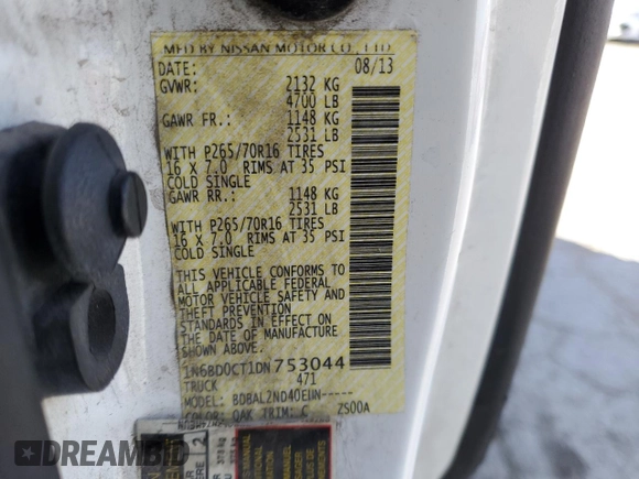 2013 Nissan Frontier S с VIN 1N6BD0CT1DN753044, выставлен на аукционе Copart как лот 47587505 с пробегом 172 551 миль миль и Списание • Salvage title. История ставок и продаж доступна на DreamBid. Изображение 12.