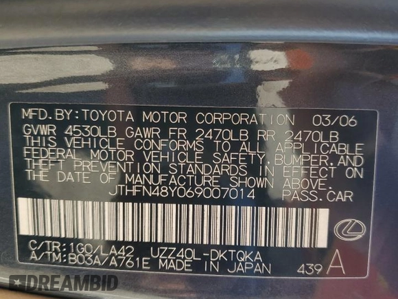 2006 Lexus SC 430 with VIN JTHFN48Y069007014, listed as a Copart auction lot 57639905 with 90,938 mi miles and Salvage title. Bid and sale history available at DreamBid. Image 13.