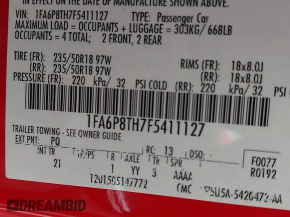 2015 Ford Mustang EcoBoost with VIN 1FA6P8TH7F5411127, listed as a IAAI auction lot 42041294 with 144,067 mi miles and . Bid and sale history available at carsss.com. Image 9.