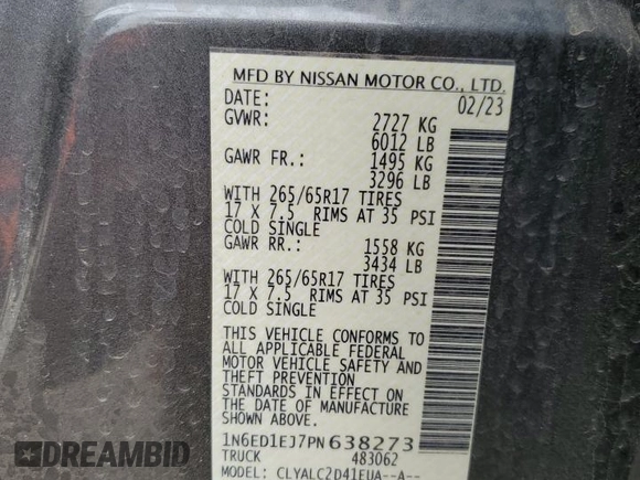 2023 Nissan Frontier SV with VIN 1N6ED1EJ7PN638273, listed as a Copart auction lot 55826515 with Not provided miles and Salvage title. Bid and sale history available at DreamBid. Image 12.