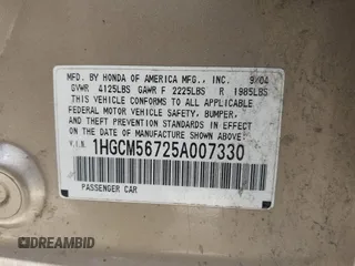 2005 Honda Accord EX with VIN 1HGCM56725A007330, listed as a IAAI auction lot 42240294 with 198,288 mi miles and . Bid and sale history available at DreamBid. Image 9.
