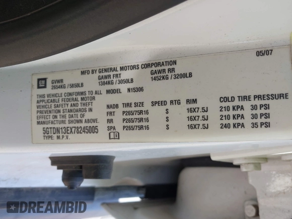 2007 Hummer H3 SUV с VIN 5GTDN13EX78245005, выставлен на аукционе IAAI как лот 42273124 с пробегом 181 234 миль миль и . История ставок и продаж доступна на DreamBid. Изображение 9.