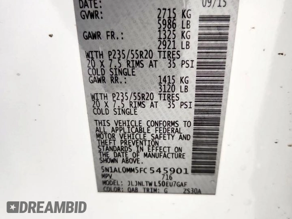 2015 Infiniti QX60 с VIN 5N1AL0MM5FC545901, выставлен на аукционе Copart как лот 59287165 с пробегом 140 779 миль миль и Чистый • Clean title. История ставок и продаж доступна на DreamBid. Изображение 13.
