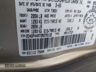 2003 Dodge Caravan Sport with VIN 2D4GP44R73R279132, listed as a IAAI auction lot 42100140 with 218,201 mi miles and . Bid and sale history available at carsss.com. Image 9.