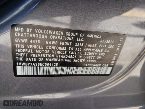 2014 Volkswagen Passat SE z VIN 1VWBP7A35EC004425, wystawiony jako Copart lot #75839254 z przebiegiem 185 176 mil mil oraz Szkoda całkowita • Salvage title. Historia ofert i sprzedaży dostępna na DreamBid. Obrazek 12.