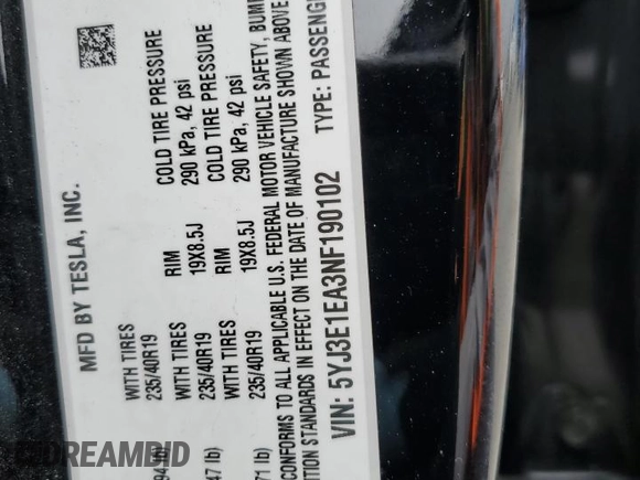 2022 Tesla Model 3 with VIN 5YJ3E1EA3NF190102, listed as a Copart auction lot 50657535 with 73,015 mi miles and Salvage Title. Bid and sale history available at DreamBid. Image 12.
