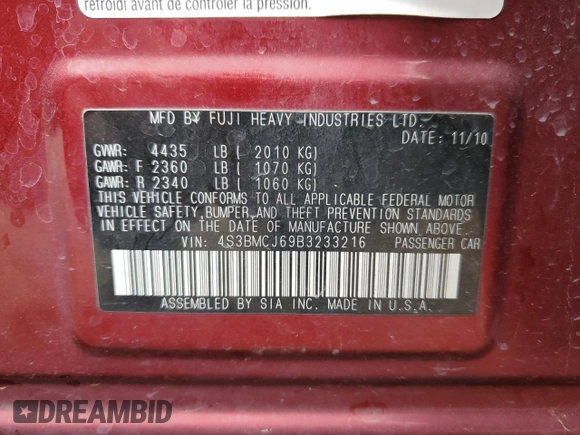 2011 Subaru Legacy Limited with VIN 4S3BMCJ69B3233216, listed as a Copart auction lot 55273425 with 225,661 mi miles and Salvage title. Bid and sale history available at DreamBid. Image 13.