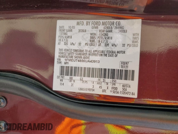 2006 Ford Explorer Eddie Bauer with VIN 1FMEU74856UA43913, listed as a Copart auction lot 44349955 with 178,415 mi miles and Salvage title. Bid and sale history available at DreamBid. Image 13.