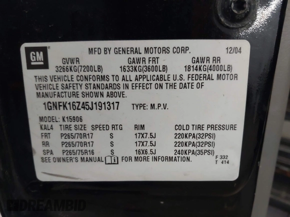 2005 Chevrolet Suburban LT z VIN 1GNFK16Z45J191317, wystawiony jako IAAI lot #41715102 z przebiegiem 322 412 mil mil oraz . Historia ofert i sprzedaży dostępna na DreamBid. Obrazek 9.