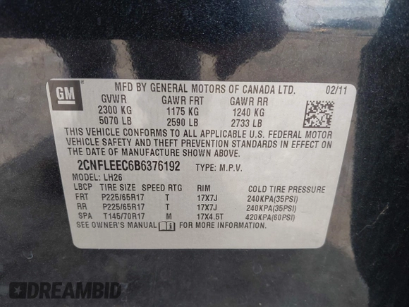 2011 Chevrolet Equinox 1LT with VIN 2CNFLEEC6B6376192, listed as a IAAI auction lot 42027971 with 147,391 mi miles and . Bid and sale history available at DreamBid. Image 9.